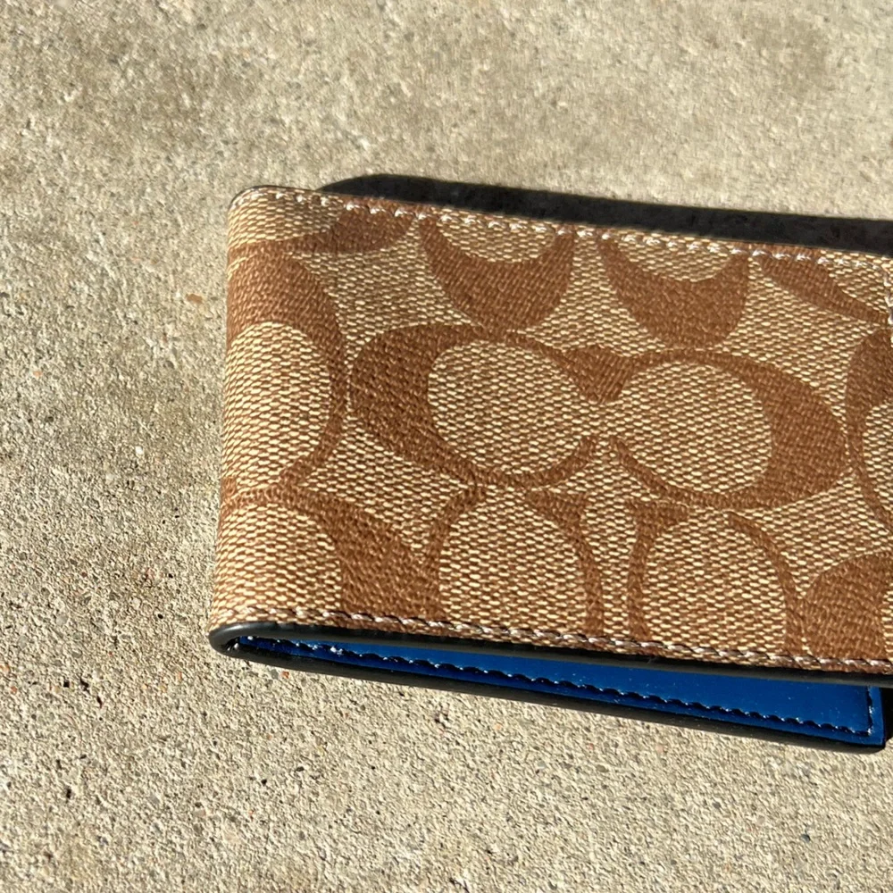 Coach Slim Clip Billfold Card Hold Wallet Brown Classic Canvas Blue Leather - Picture 4 of 12